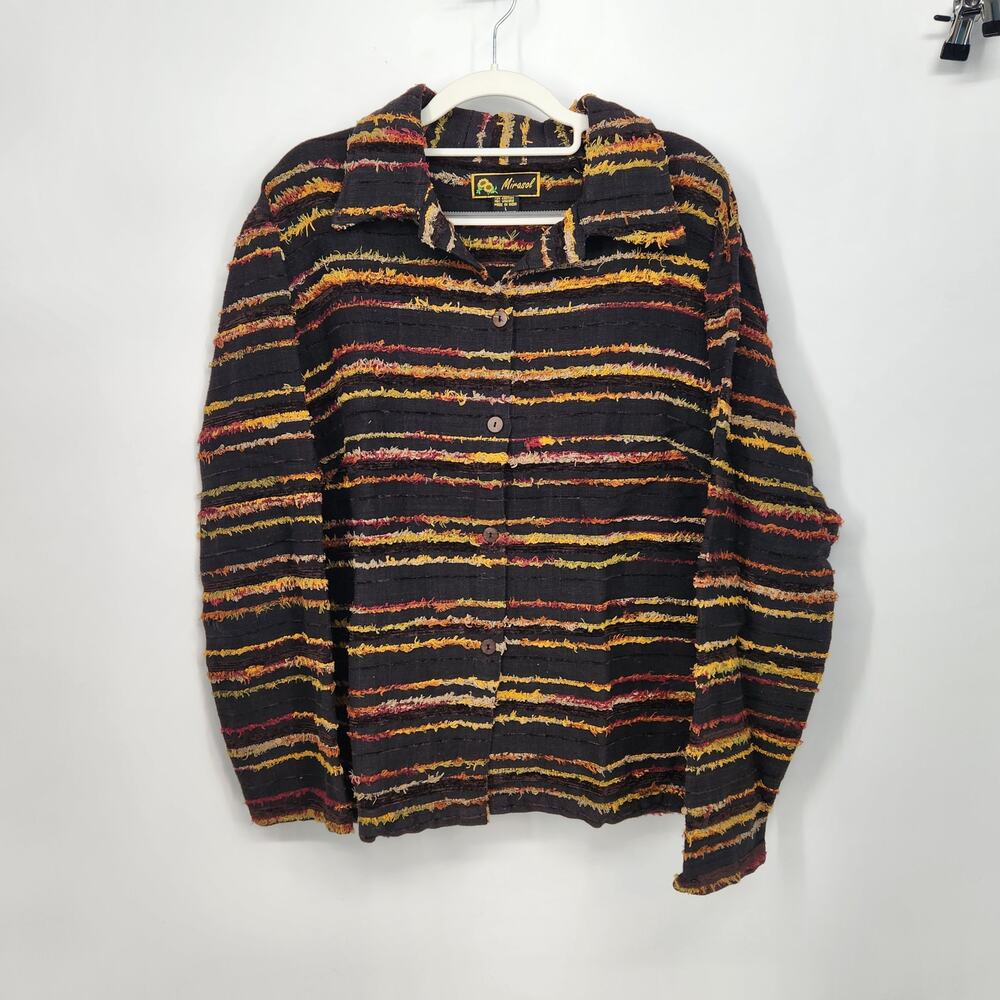 Mirosol Black Multicolor Fringe Cotton‎ Lagenlook Button Down Jacket Women L